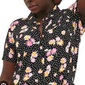 Torrid Black and White Button Down Polo Shirt with Floral Accents